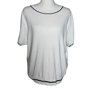 White Knit Short Sleeve Sweater Top Contrast Trim Minimalist Size L No Label